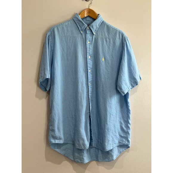 VTG Ralph Lauren Blake 100% Linen Button Down Shirt Mens L Blue Short Sleeve - Picture 1 of 6